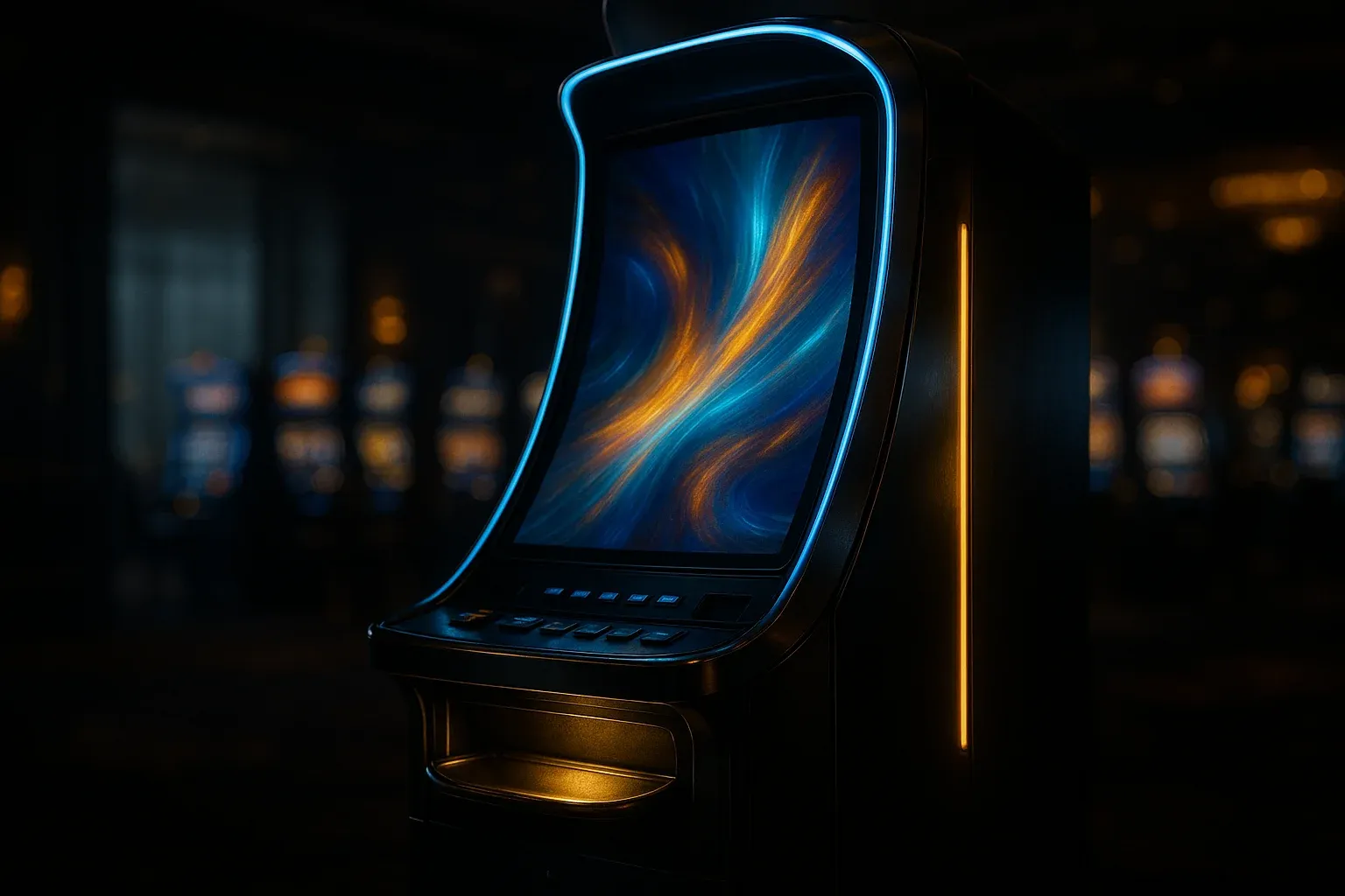 Hyperrealistic wide shot of premium slot machine in dark luxury casino